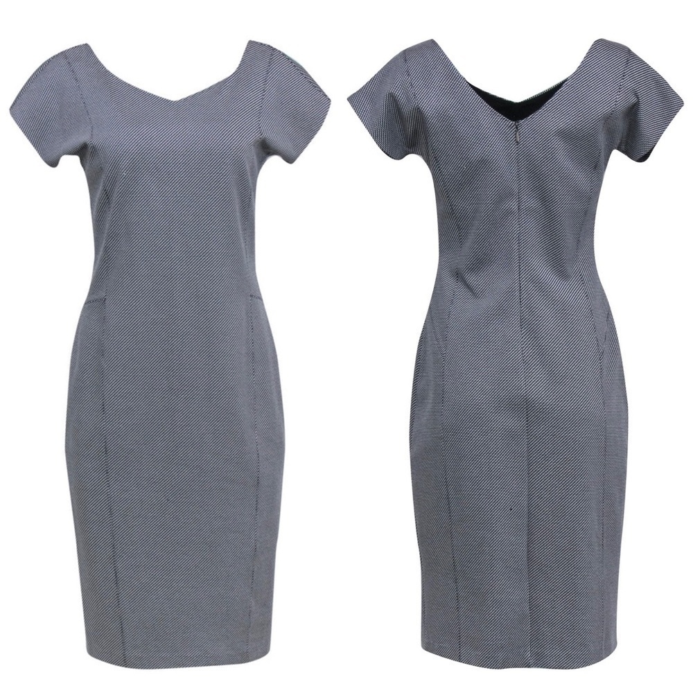 MAX MARA Retro 50s Zig Zag Check V-Neck‎ Short Cap Sleeve Midi Sheath Dress 6
